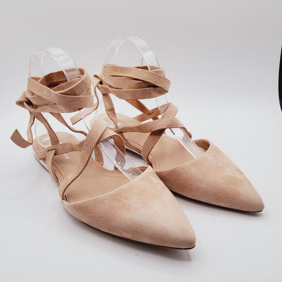 BCBGeneration Noel Cream Suede Leather Point Wrap Up Leg Ballet Flats Size 8.5B - Picture 3 of 11